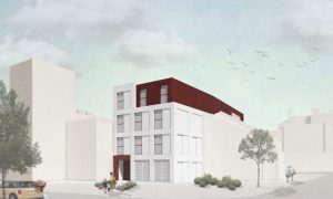Architectural rendering of a modern four-story residential building with white facade, large windows, and a red upper level in an urban neighborhood.