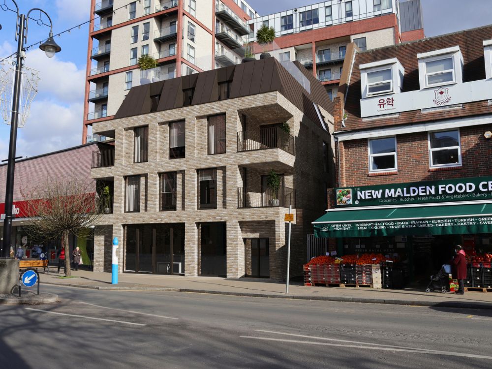 1000 x 750 Contemporary mixed-use brick apartment building with modern balconies and retail frontage on a busy urban high street in London