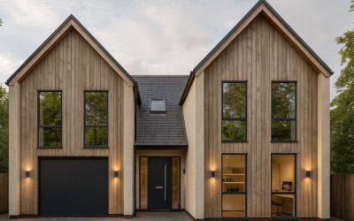 Modern luxury house exterior with Scandinavian-inspired architecture, timber cladding, twin gabled roofs, floor-to-ceiling windows, and minimalist landscaping — featured in Architecture Vogue magazine