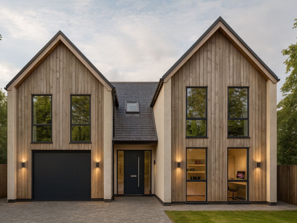 1 Modern luxury house exterior with Scandinavian-inspired architecture, timber cladding, twin gabled roofs, floor-to-ceiling windows, and minimalist landscaping — featured in Architecture Vogue magazine