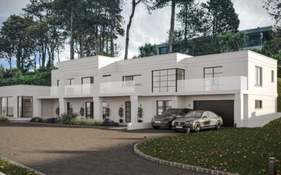 Modern luxury minimalist villa with clean white facade, large glass windows, and landscaped driveway surrounded by tall pine trees