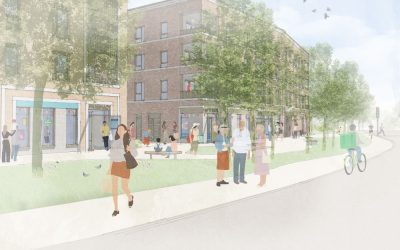 Urban regeneration concept with mixed‑use brick buildings, landscaped public space and community activity, featured in Architecture Magazine — illustrating sustainable design and pedestrian‑friendly planning