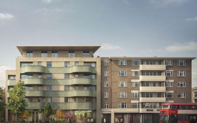 “Contemporary mixed‑use residential building with curved brick façade and London street view, featured in Architecture Magazine