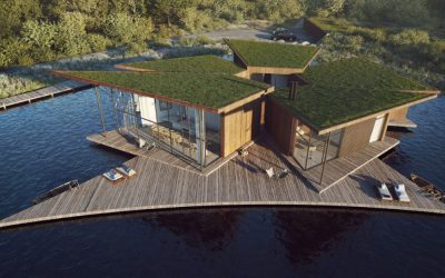 Modern sustainable lakeside home with green roof and timber façade, featured in Architecture Magazine — showcasing eco‑friendly design and contemporary waterfront architecture.