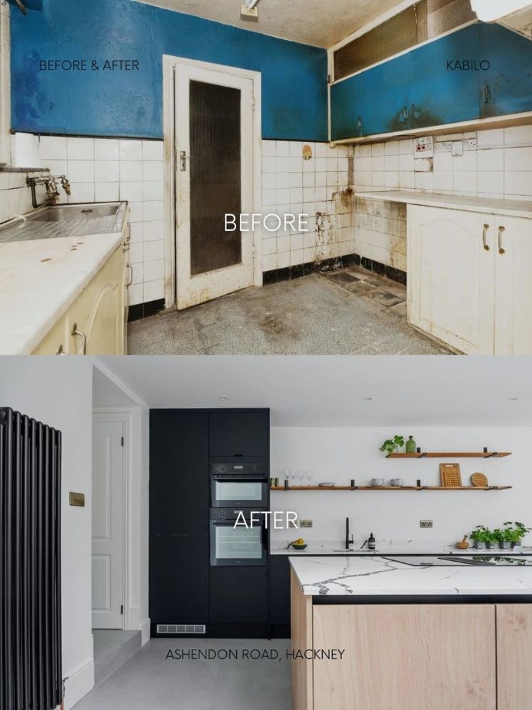 before and after image of kitchen featured in the built environment network
