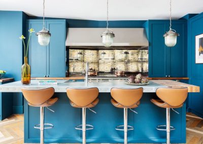 kitchen bar stools with blue walls
